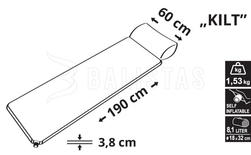 Selbstaufblasende Isomatte Kilt 3,8cm mit Kopfkissen