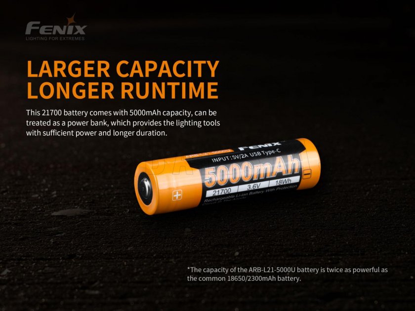Wiederaufladbare Batterie Fenix 21700 5000 mAh mit USB-C (Li-Ion)