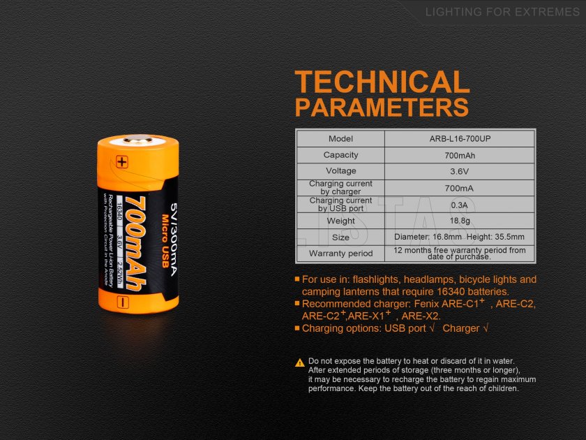Wiederaufladbare USB-Batterie Fenix RCR123A/16340 (Li-ion)