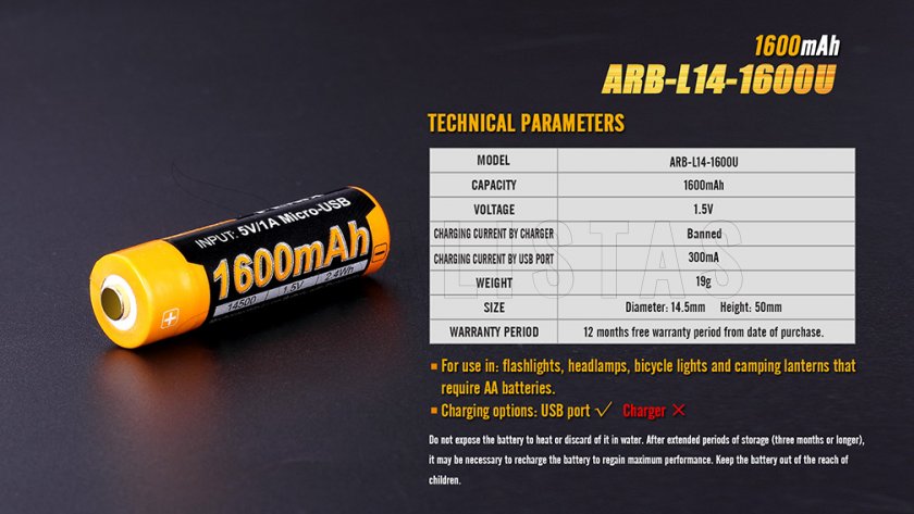 Wiederaufladbare USB AA Batterie Fenix ARB-L14-1600U
